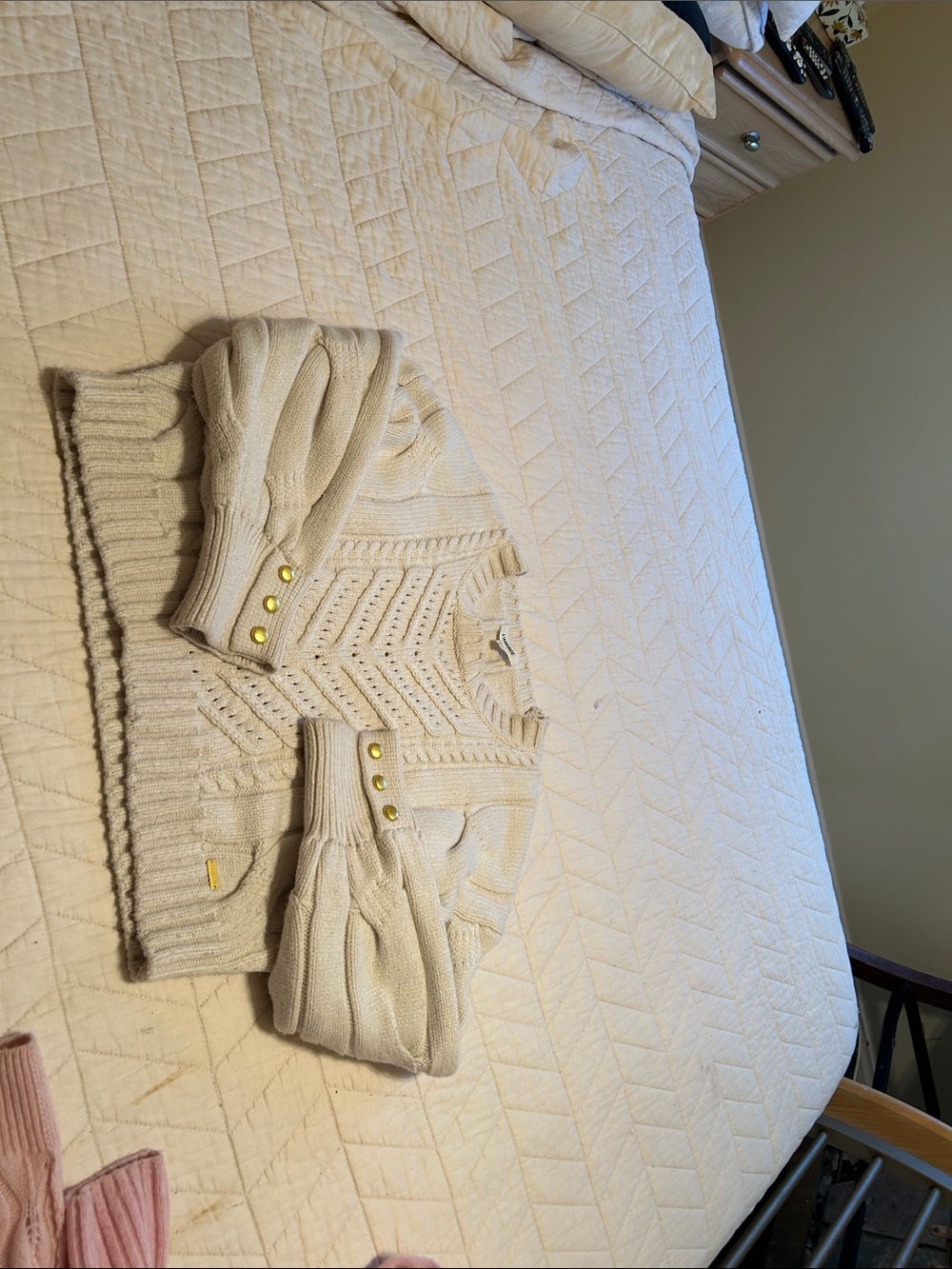 L'AGENCE Cream Cable Knit Crew Sweater with Gold Button Cuff Detail